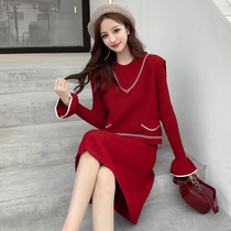 Large size fat sister slim skirt suit knitted dress women Autumn Winter Hepburn wind small red dress temperament sweater skirt