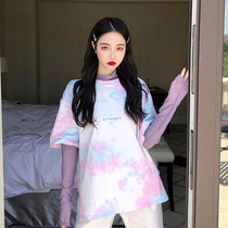 Large size short sleeve t-shirt women Loose Medium long tie dyed print top Joker ins tide Port fashion trend summer