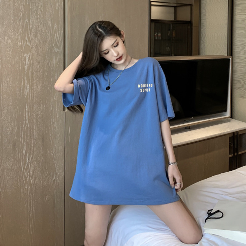 Large size ins superfire T-shirt woman medium long version pure color summer new loose little fresh pure cotton half sleeve upper clothes tide
