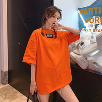 Large size short sleeve T-shirt female medium long loose 2021 summer new solid color harbor flavor chic half sleeve shirt top