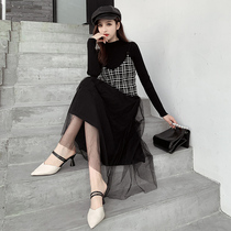Large size black dress autumn and winter dress knitted sweater skirt long Hyuna set two-piece set inside base skirt