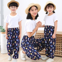 Childrens cotton silk light cage pants for men and women small CUHK children childrens anti-mosquito pants artificial cotton air-conditioned home dance pants summer