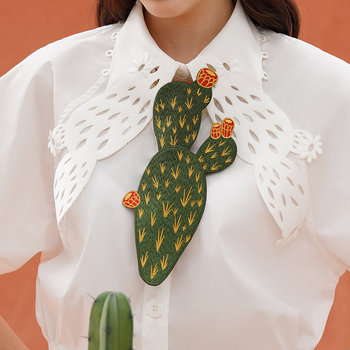 Camoooni Muyu Cactus Embroidery Tie Niche Retro Green No-Knot Accessory Gift Original by Kamo