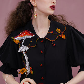Kamo Original French Court Sleeve Design Shirt Embroidered with Vine Motifs, Elegant Vintage Slimming Skin-Friendly Top