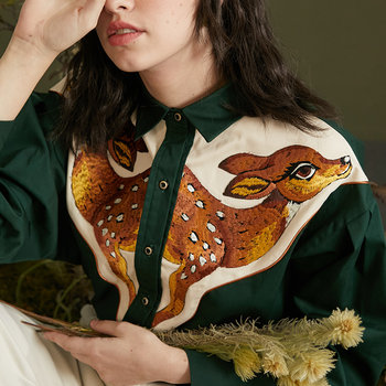 [Kamo]Original Design 25 New Heavy-Duty Deer Embroidery Vintage Color-Blocking Cotton Long-Sleeve Thick Shirt Top for Women Autumn