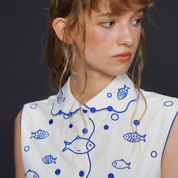 Kamo Original Vintage Plain Heavy Embroidery Fishbone Shirt Artistic Women's Top 2025 Summer New Style Doll Collar