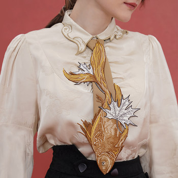 Kamo Original Chinese-Style Fish and Leaf Tie for Women, Paired with a Shirt, Unique Design, Niche Embroidered Bow Tie Accessory