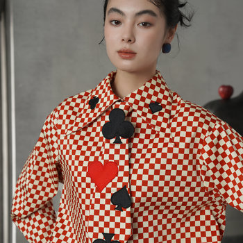 Kamo Original Retro College Red Diamond Pattern Poker Embroidery Shirt Women's Turn-Down Collar Age-Reducing Top Women's Clothing Top