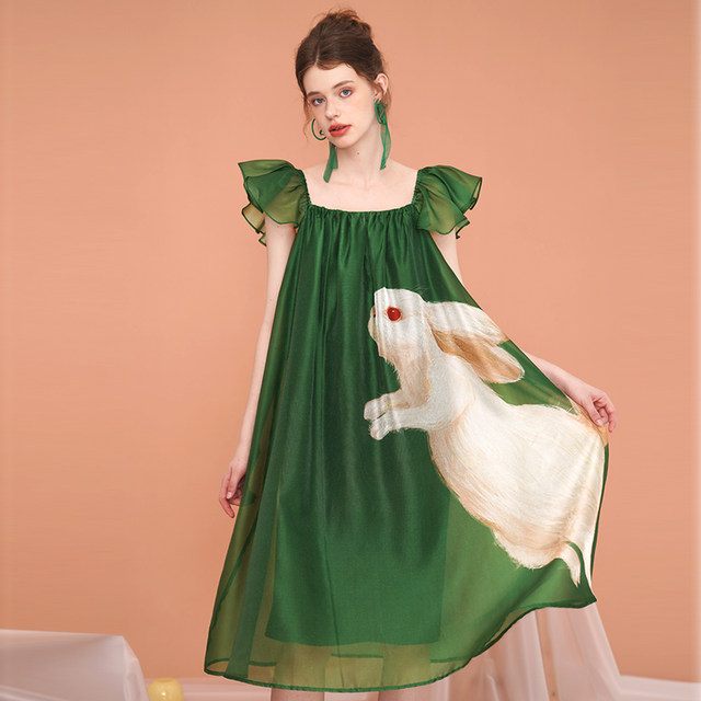 Kamo original rabbit pattern flying sleeve dress