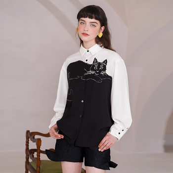 Kamo Original 2025 New Design Color-Block Patchwork Shirt Niche Long-Sleeve Vintage Embroidered Shirt Women's Top