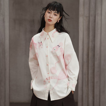 Kamo Original Hand-Painted Pink Panther Print Shirt Niche Retro Designer Style Lapel Long-Sleeved Loose Top
