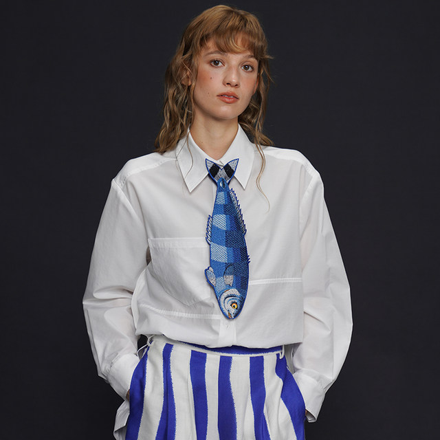 Camo blue vintage fish embroidered tie