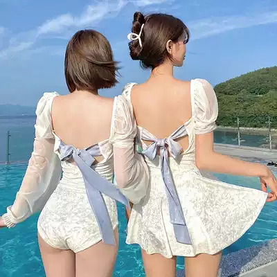 One-piece swimsuit female 2021 new sexy long sleeve thin belly cover conservative ins Wind fairy fan soak hot spring swimsuit