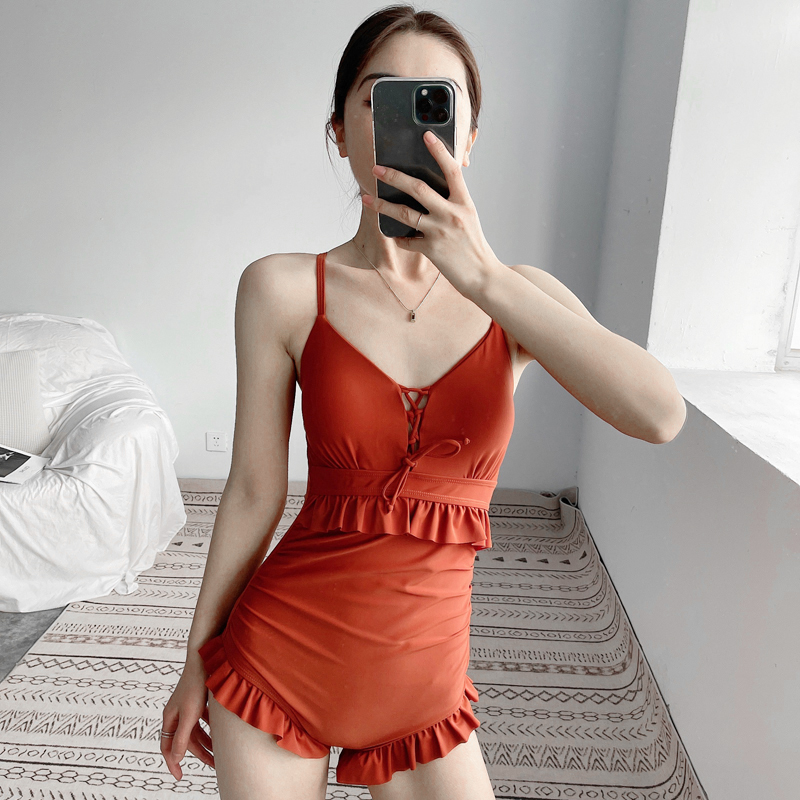 Sexy swimsuit female summer Siamese fairy Fan small chest gathered to show thin cover belly triangle Korean ins hot spring swimsuit