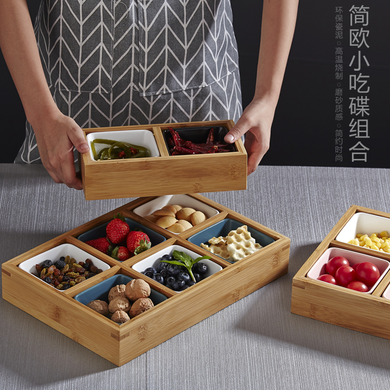 Creative Nine Palace Lattice Bamboo Wood Parquet Dried Fruit Refreshments Vegetable Parquet Ceramic Jam Seasoned Saucepan saucepan Shop cutlery