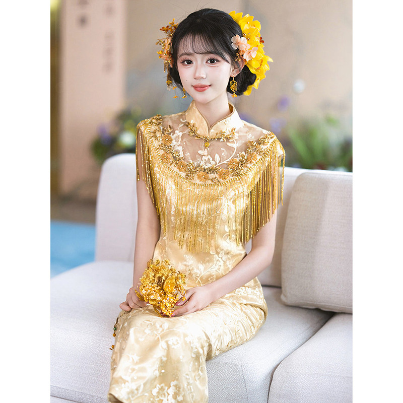 High-End Tassel Engagement Dress, White-Enhancing Toast Dress, Cheongsam in Champagne Gold, New Chinese Style Homecoming Thank-You Banquet Casual Wear