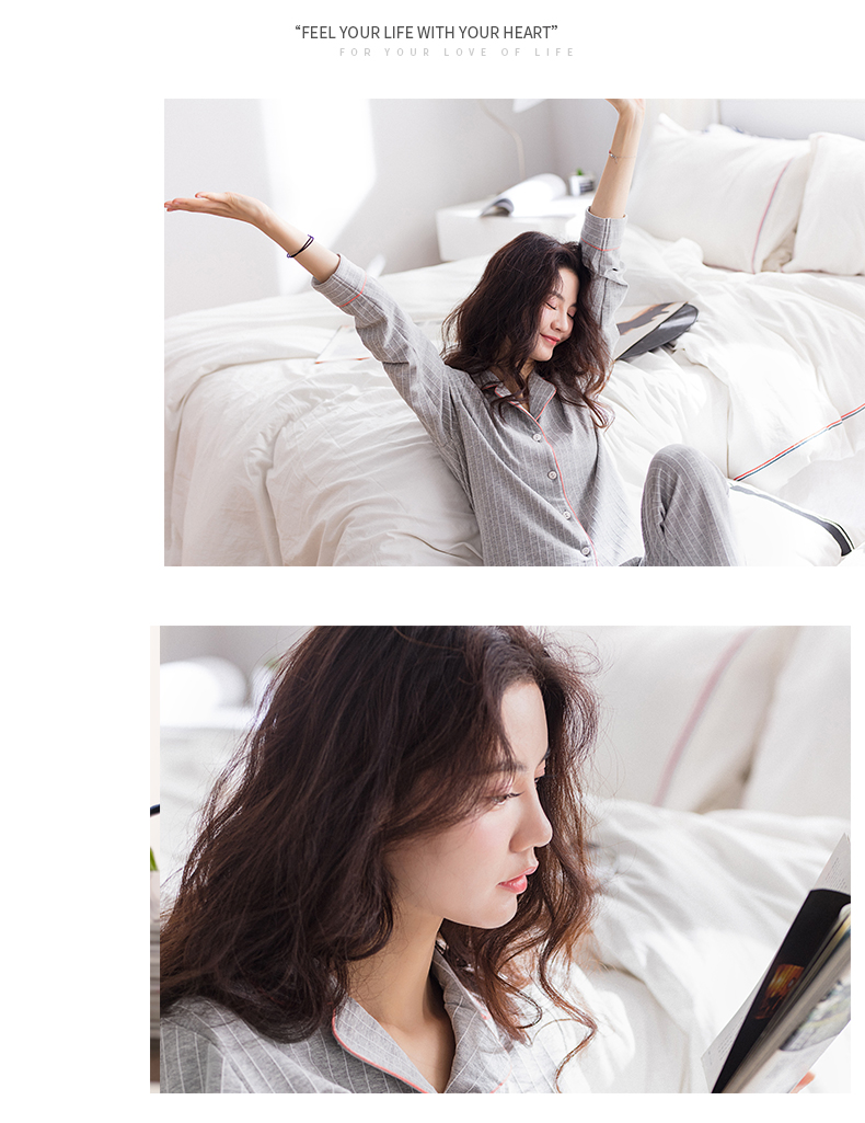 Jing Yun cotton nữ đồ ngủ mùa xuân đơn giản cotton nhà dịch vụ áo len dài tay phù hợp với phiên bản Hàn Quốc của quần áo nhà lỏng áo ngủ