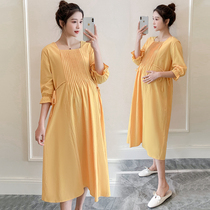 2021 spring and summer new maternity clothes seven-point sleeve cotton linen dress fashion loose pregnant women long bottom skirt