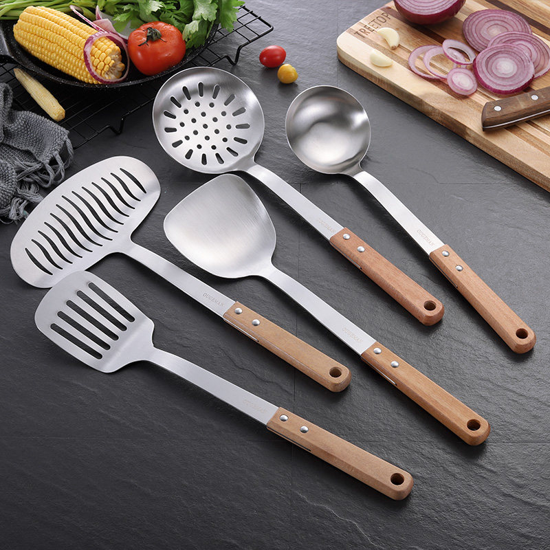 Anti-scalding solid wood wooden handle 304 stainless steel kitchen utensils three-piece kitchen household set spoon full set of spoon shovel