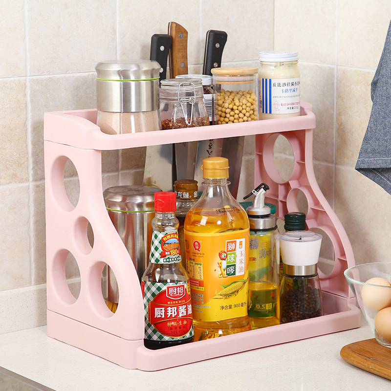 Double-layer kitchen rack seasoning storage rack floor-to-ceiling plastic knife rack seasoning seasoning rack to put things on the shelf
