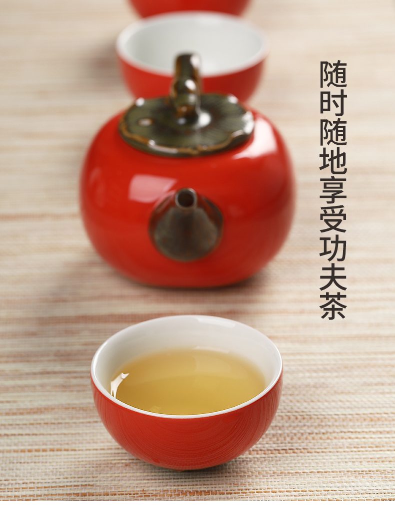 Mud seal kung fu tea set suit household contracted ceramic cups with small tea tray was creative persimmon sends the teapot