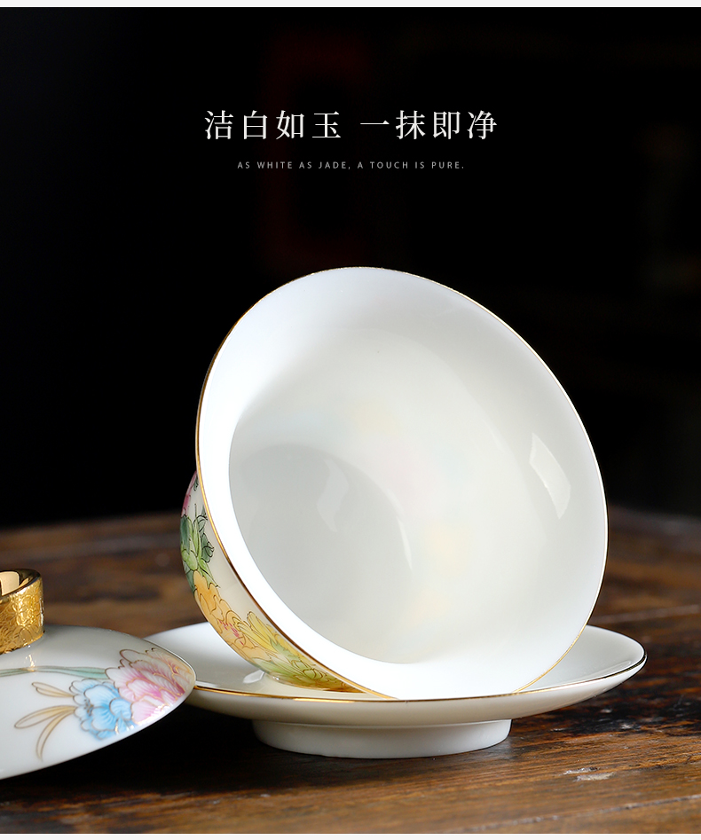 Mud printed language welcome white porcelain tea set the whole household tureen suet jade porcelain hand - made kung fu tea gift box
