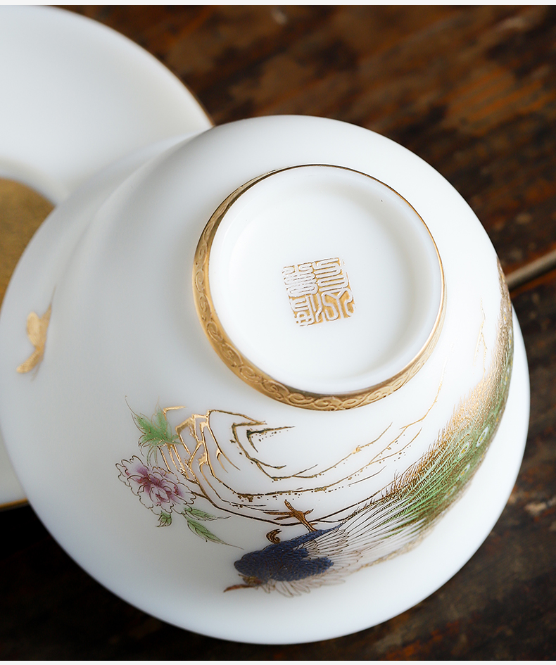 Dehua suet white porcelain clay seal kung fu tea set suit household peacock harmony of a complete set of gift box office to receive a visitor