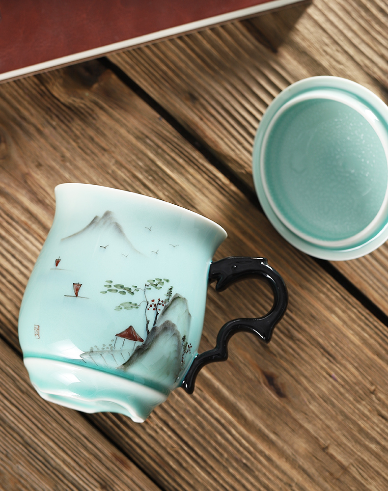 Cup suit household contracted with cover hand - made ceramic Cup longquan celadon male custom Cup children lotus tea Cup