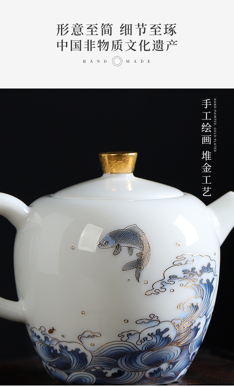 Mud printed white porcelain tea set suit small household kung fu tea cups dehua white porcelain teapot. A complete set of gift box office