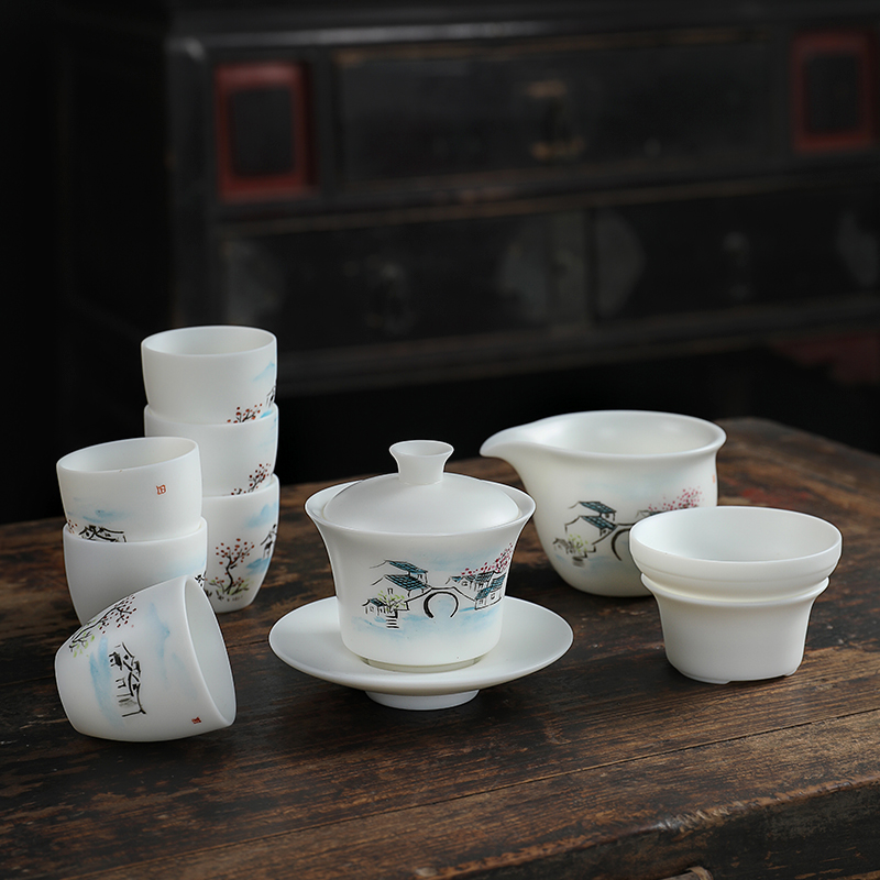 Jiangnan water mud seal kung fu tea set home sitting room hand - made dehua white porcelain teacup Chinese white gift boxes