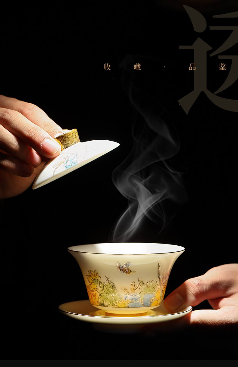 Mud printed language welcome white porcelain tea set the whole household tureen suet jade porcelain hand - made kung fu tea gift box