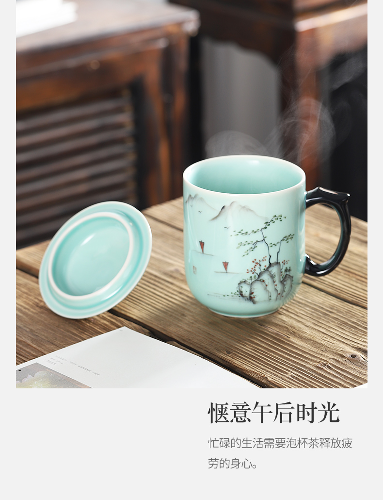 Cup suit household contracted with cover hand - made ceramic Cup longquan celadon male custom Cup children lotus tea Cup