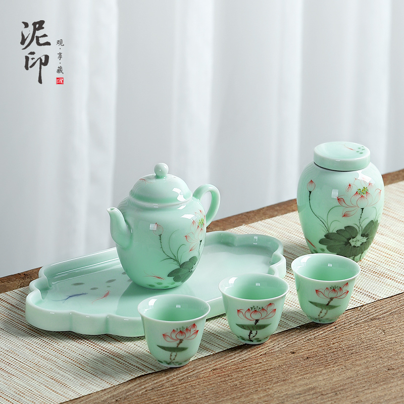 Mud seal celadon kung fu tea set simple hand - made travel all - in portable blister tray caddy fixings ceramic teapot