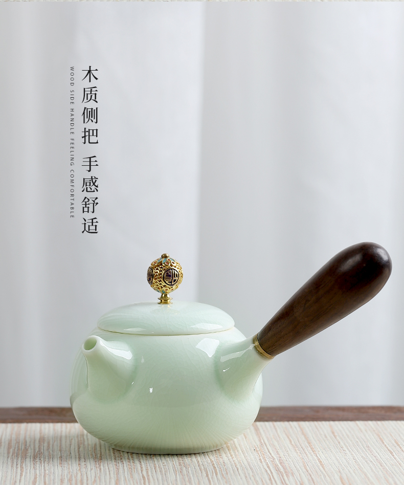 Mud seal side of kung fu tea set household green glaze lotus teapot hand - made small dry tea plate ceramic cups