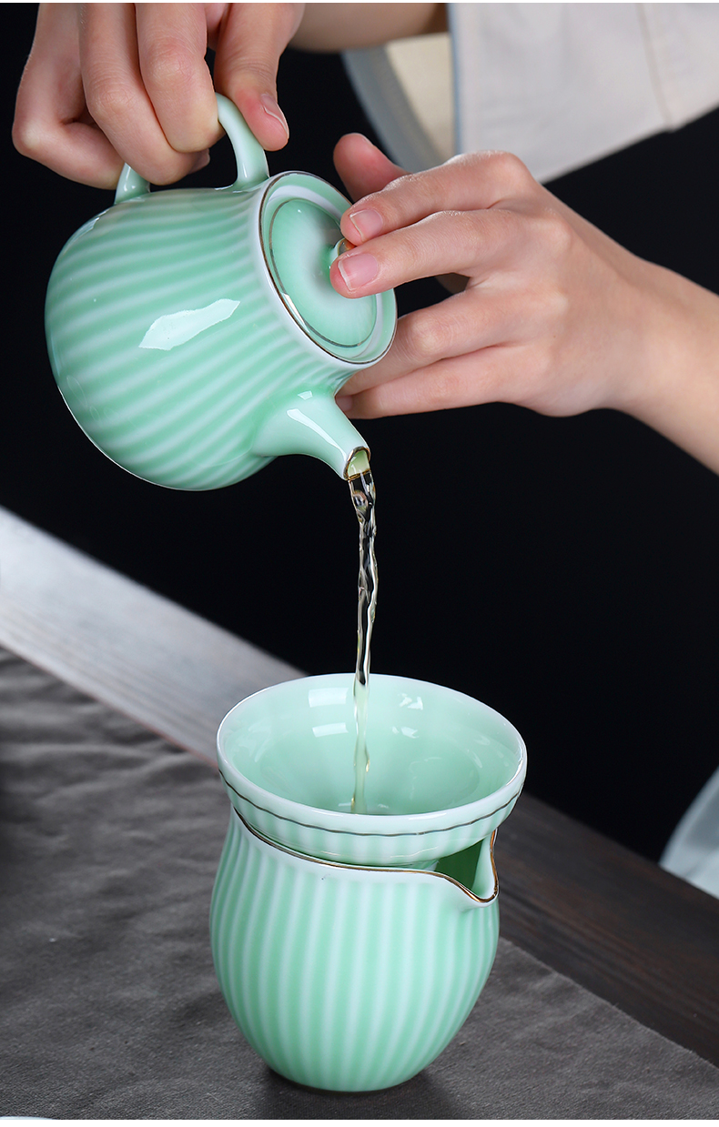 Mud seal celadon tea set suit household contracted and I sitting room office kung fu tea cups small tureen ceramic teapot