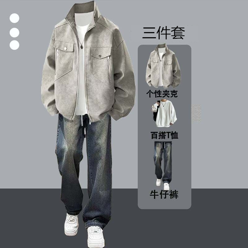 American-Style Trendy Brand Pu Leather Jacket Men's Three-Piece Set Autumn and Winter Retro Loose Cool Jacket Casual Outfit American-Style Trendy Brand Pu Leather Jacket Men's Three-Piece Set Autumn and Winter Retro Loose Cool Jacket Casual Outfit