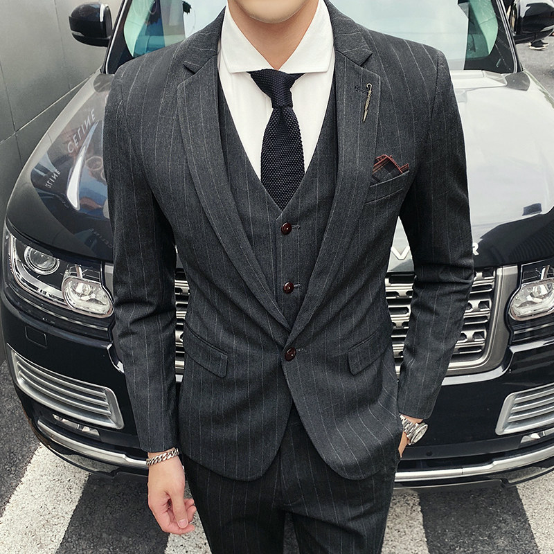 Suit suit men three-piece Han edition business leisure professional striped suit groom marriage dress man