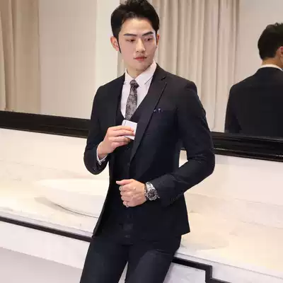 Suit Set Men's Three Piece Korean Slim Business Leisure Professional Stripe Suit Bridegroom Wedding Dress Men
