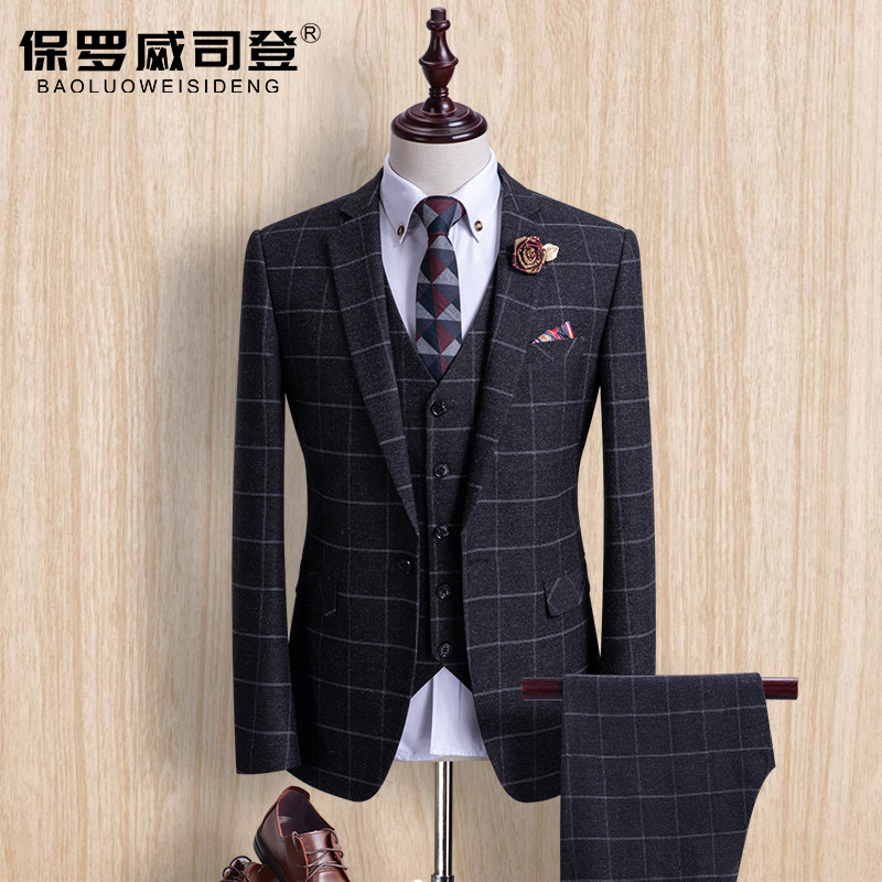 Suit Suit Men's Korean Groom Wedding Dress Suit Dress Three-Piece English Style Plaid Slim Fit Spring and Summer