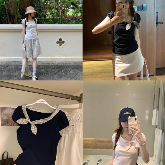 
TheDouerr rabbit ears well-behaved short-sleeved T-shirt three-color summer slim shoulder top makes you look slim