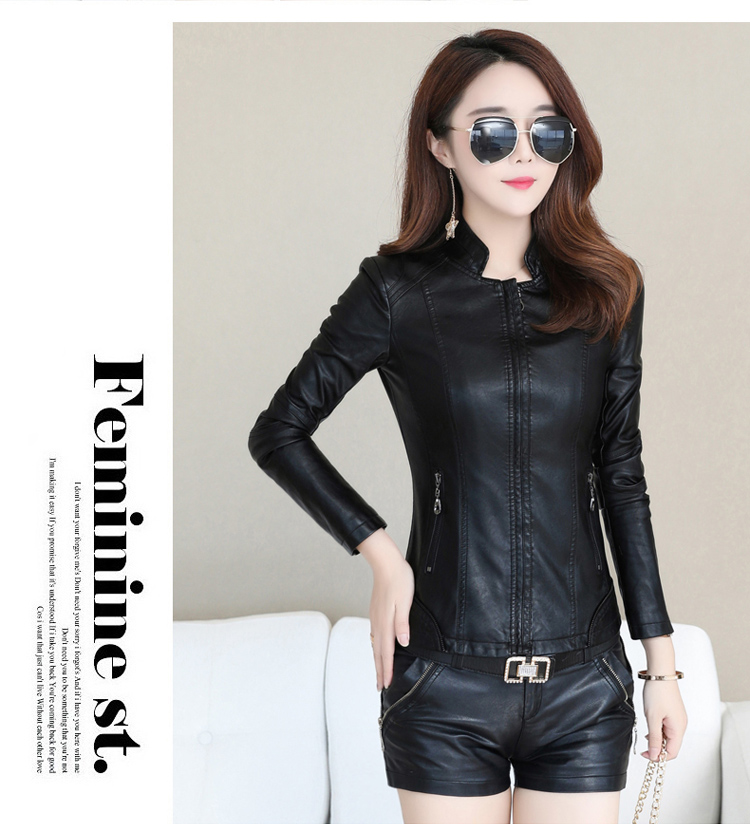Mùa xuân và mùa thu 2018 Áo khoác da nữ mới ngắn Slim Thin Hàn Quốc Kích thước lớn Nữ đứng cổ áo khoác da áo da