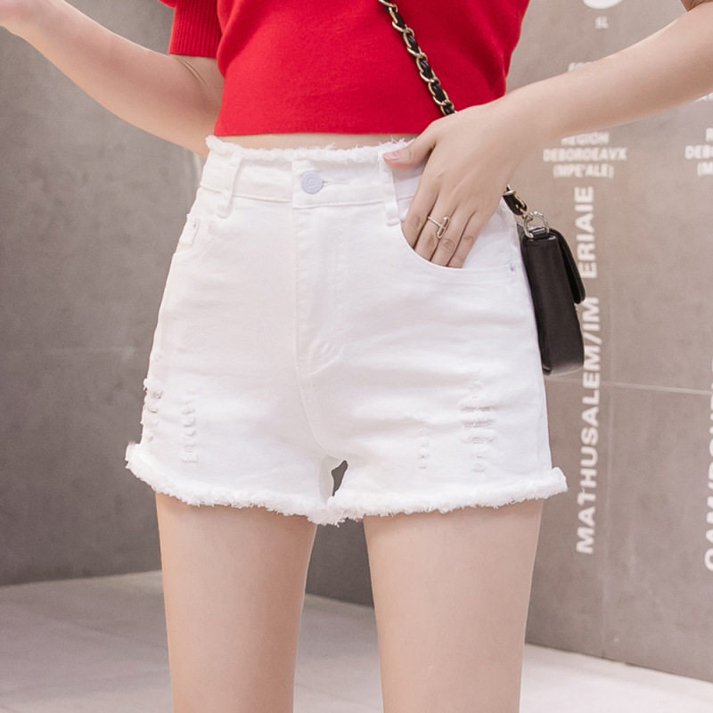 Denim shorts women 2021 summer Joker white elastic hole hot pants high waist straight tube thin wear Korean version