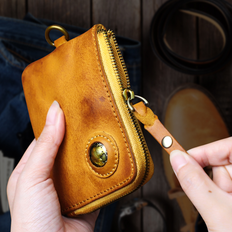 First-Layer Vegetable-Tanned Leather Mini Coin Purse for Men and Women, Vintage Genuine Leather Zipper Coin Pouch, Short Small Wallet Card Holder Trendy
