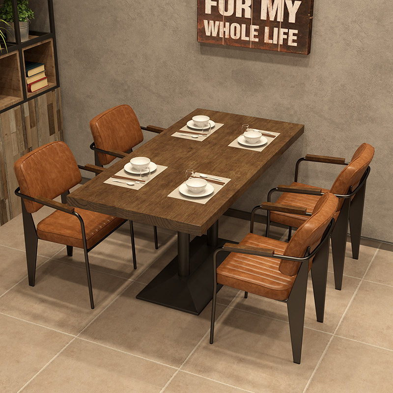 Industrial style rectangular table Western restaurant restaurant solid wood dining table commercial cafe retro wrought iron table and chair combination