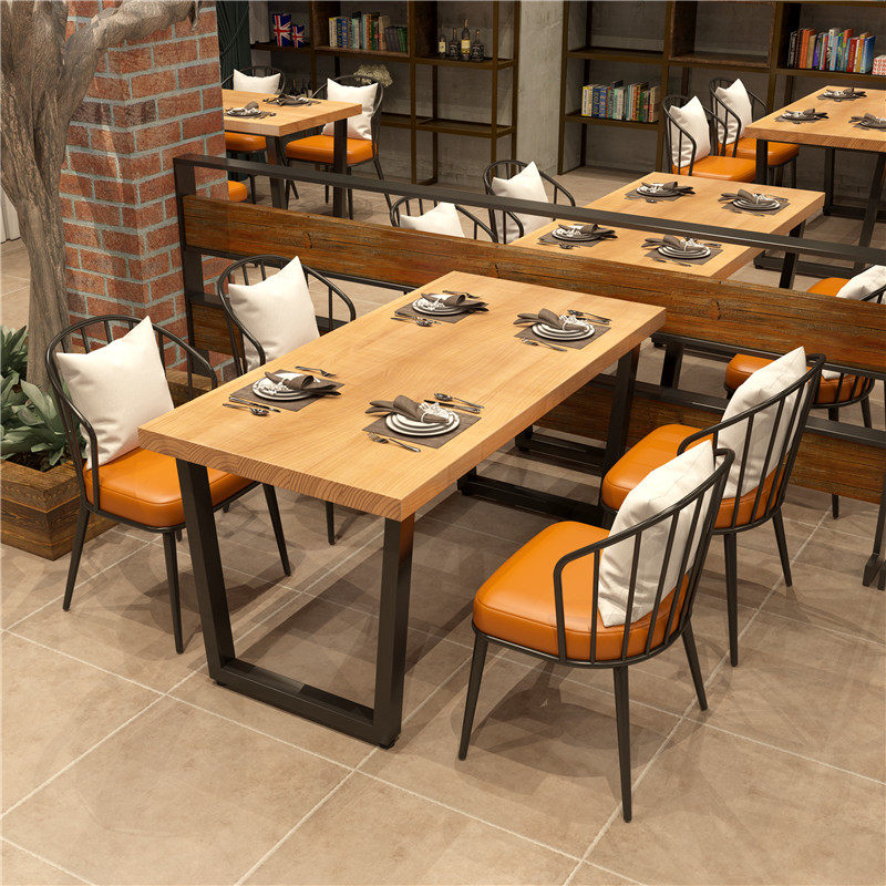 Nordic rectangular solid wood dining table western restaurant hotel wrought iron commercial table and chair combination restaurant barbecue shop table