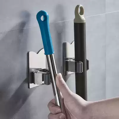 Punch-free 304 stainless steel mop rack hook powder room wall-mounted broom holder multi-function storage rack
