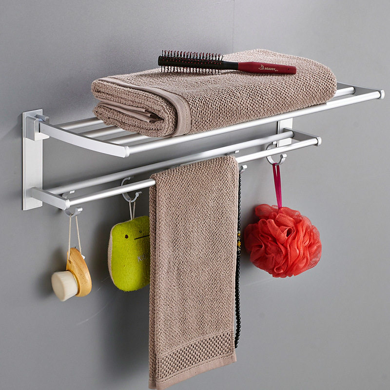 Free Punching Hair Towel Rack Folding Activities Double Space Aluminum Bathroom Bath Towel Rack Makeup Room Shelve Pendant Hook