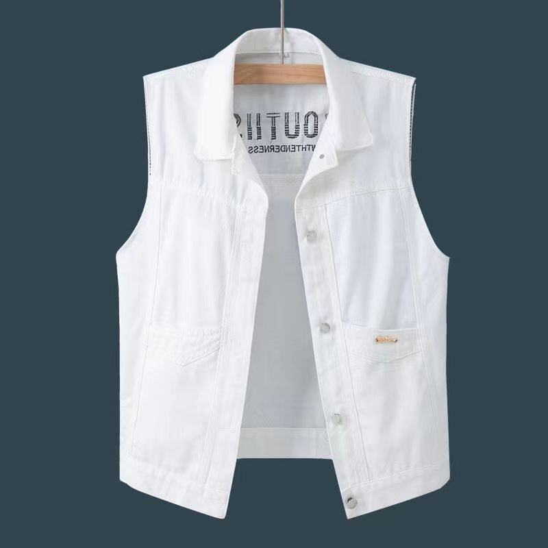 2024 New Korean Style Loose Vest Top Embroidered White Denim Vest Short Jacket Men's Spring and Summer Wear
