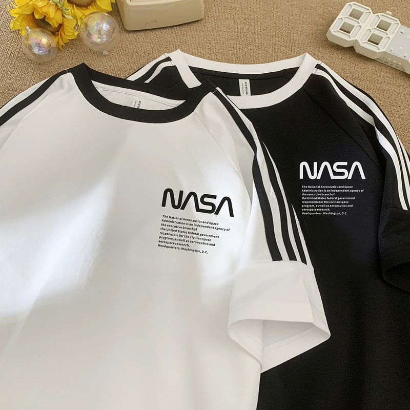 Nasa Co-Branded Solona Cool-Feeling Short-Sleeved T-Shirt for Men, Loose Heavyweight 2025 New American-Style Simple Striped Top