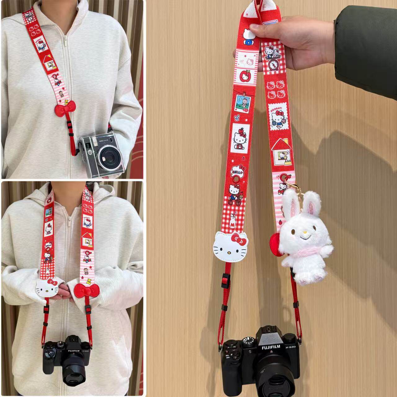 キティちゃんの漫画デザインが施された一眼レフカメラ用ストラップ。ミラーレスデジタルカメラに適しており、クロスボディスタイルで、厚みがありストレスを軽減します。インスタントカメラやCCDカメラ、富士フイルムにも対応しています。